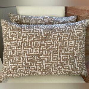 Set 2: HOEM England Down Lumbar Accent Pillows Greek Key Tan/Ivory Zippered NWT